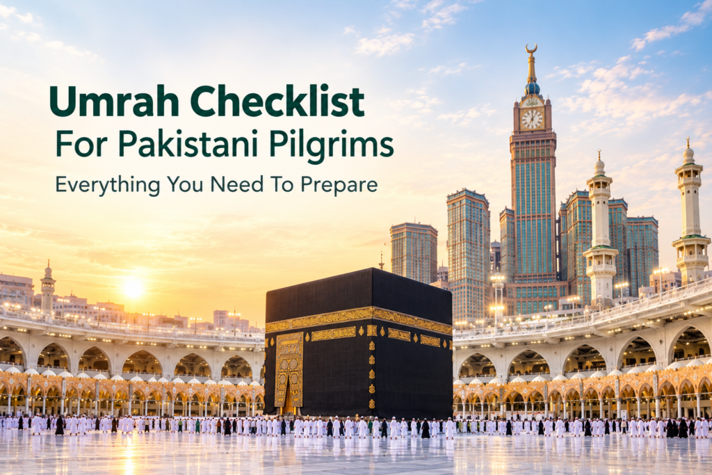 Umrah Checklist for Pakistani Pilgrims featuring the Kaaba at Masjid al-Haram in Makkah during sunset.
